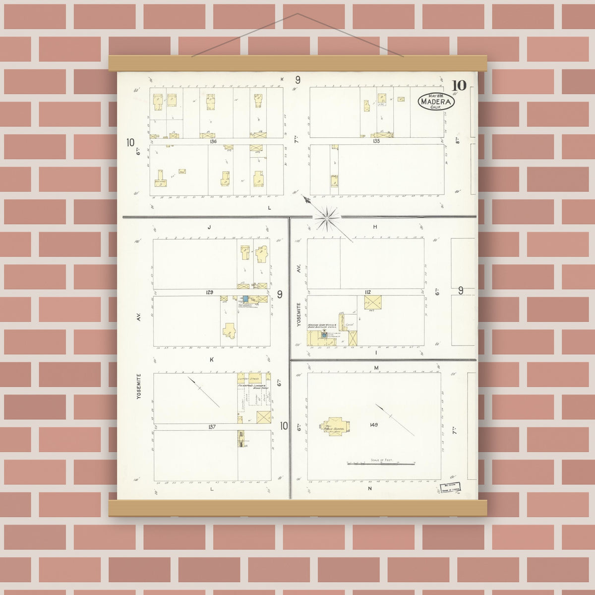 Old map wall art mockup — magnetic wood frame on brick wall — Sanborn Fire Insurance Map from Madera, Madera County, California (1898), Sheet #0010