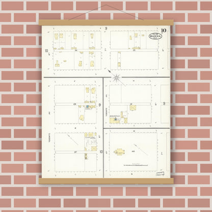 Old map wall art mockup — magnetic wood frame on brick wall — Sanborn Fire Insurance Map from Madera, Madera County, California (1898), Sheet #0010
