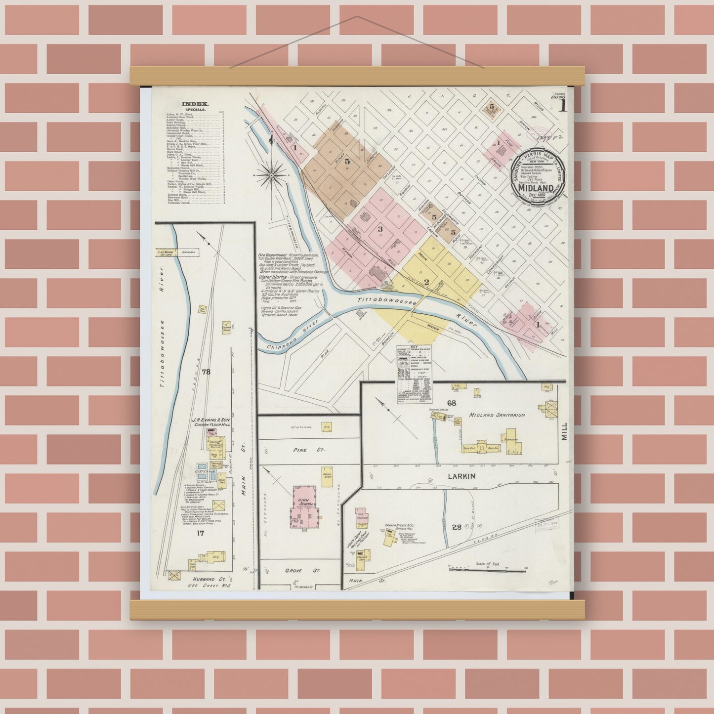 Old map wall art mockup — magnetic wood frame on brick wall — Sanborn Fire Insurance Map from Midland, Midland County, Michigan (1889) - Complete Map Set