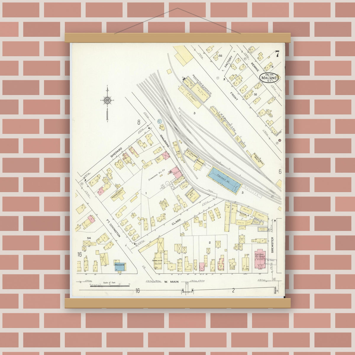 Old map wall art mockup — magnetic wood frame on brick wall — Sanborn Fire Insurance Map from Malone, Franklin County, New York (1914), Sheet #0007