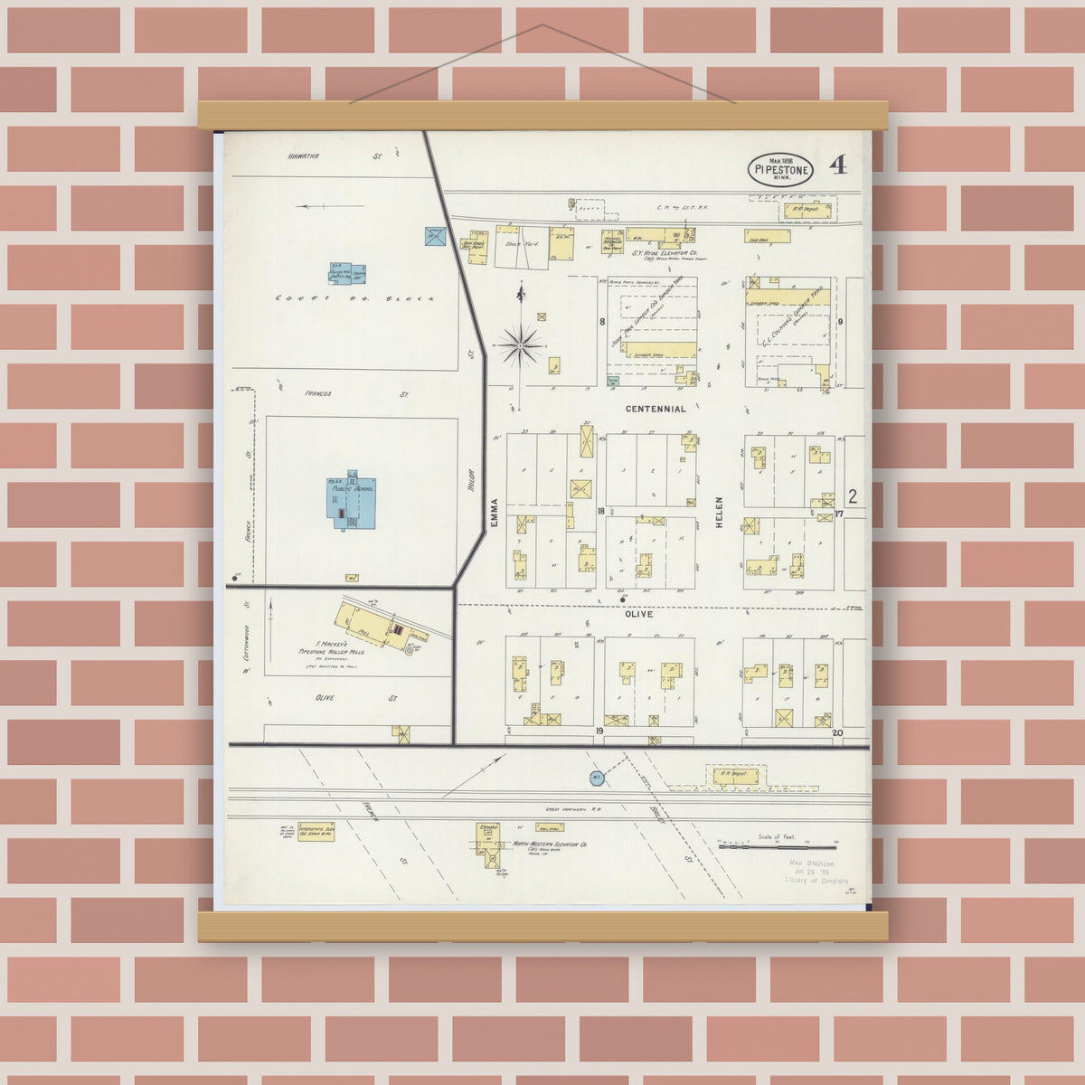 Old map wall art mockup — magnetic wood frame on brick wall — Sanborn Fire Insurance Map from Pipestone, Pipestone County, Minnesota (1898), Sheet #0004