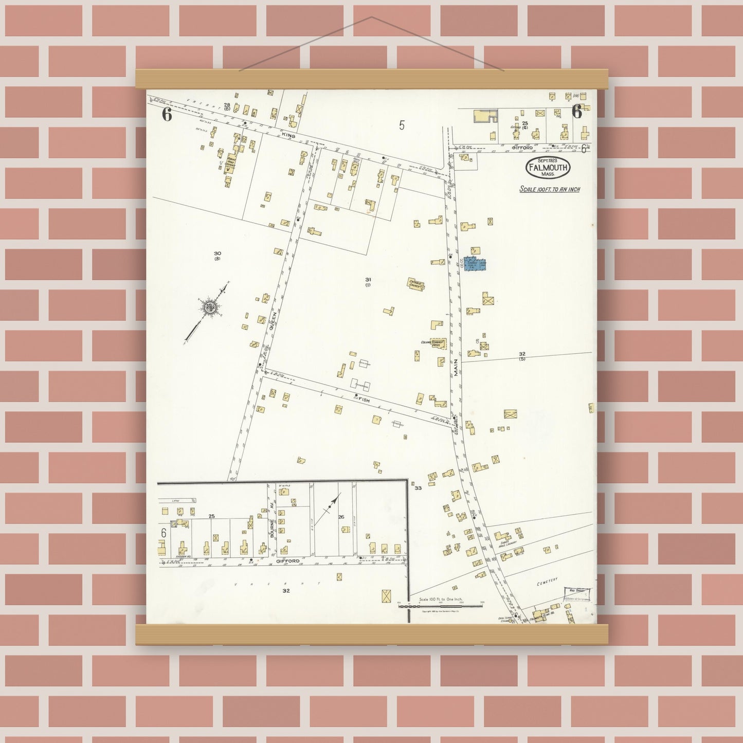 Old map wall art mockup — magnetic wood frame on brick wall — Sanborn Fire Insurance Map from Falmouth, Barnstable County, Massachusetts (1923), Sheet #0006