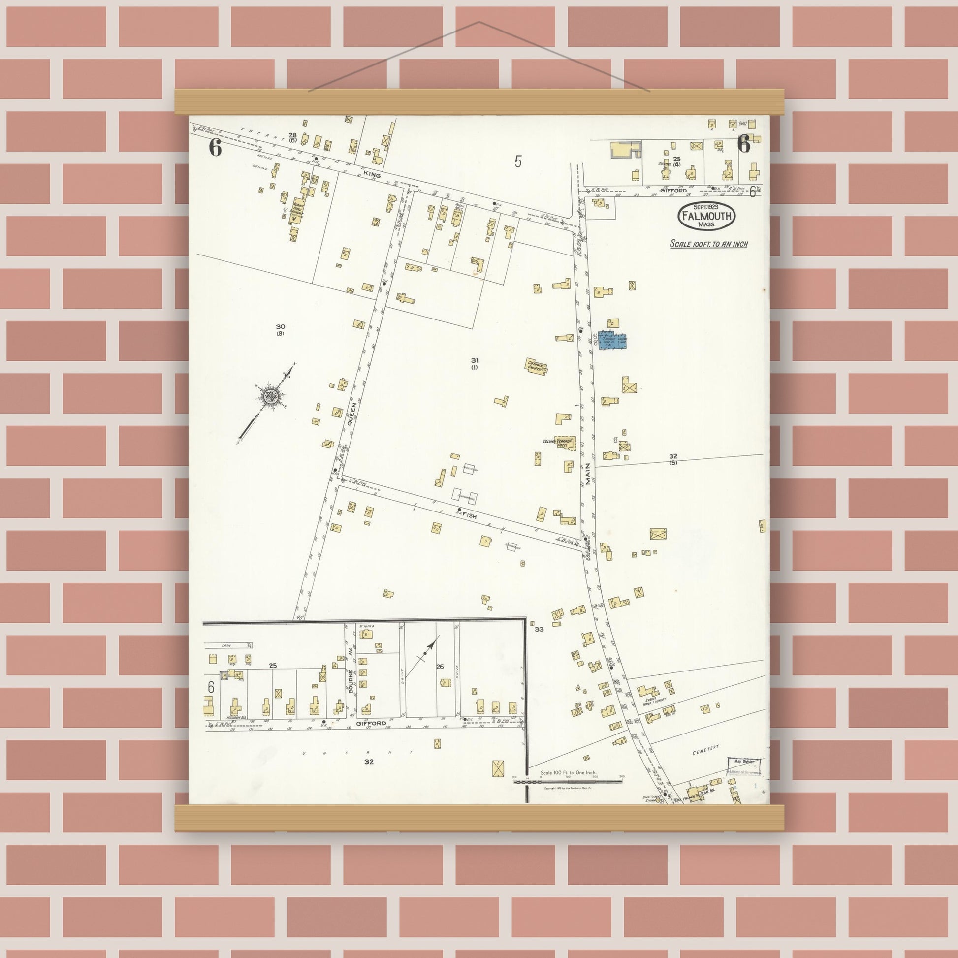 Old map wall art mockup — magnetic wood frame on brick wall — Sanborn Fire Insurance Map from Falmouth, Barnstable County, Massachusetts (1923), Sheet #0006