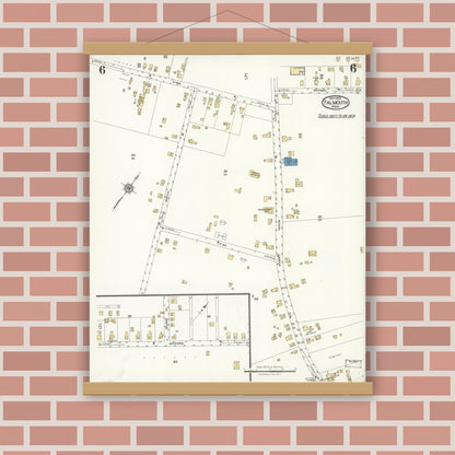 Old map wall art mockup — magnetic wood frame on brick wall — Sanborn Fire Insurance Map from Falmouth, Barnstable County, Massachusetts (1923), Sheet #0006