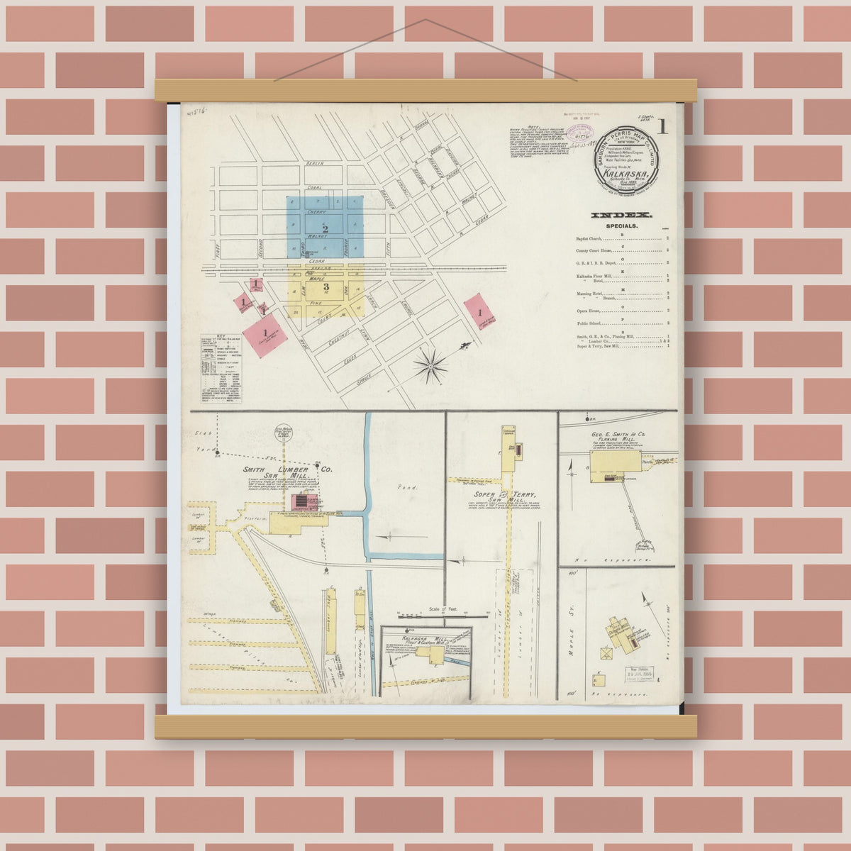 Old map wall art mockup — magnetic wood frame on brick wall — Sanborn Fire Insurance Map from Kalkaska, Kalkaska County, Michigan (1893) - Complete Map Set
