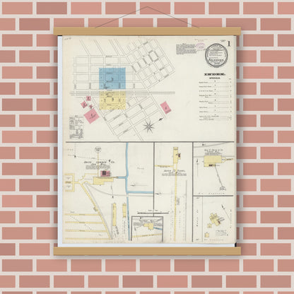 Old map wall art mockup — magnetic wood frame on brick wall — Sanborn Fire Insurance Map from Kalkaska, Kalkaska County, Michigan (1893) - Complete Map Set