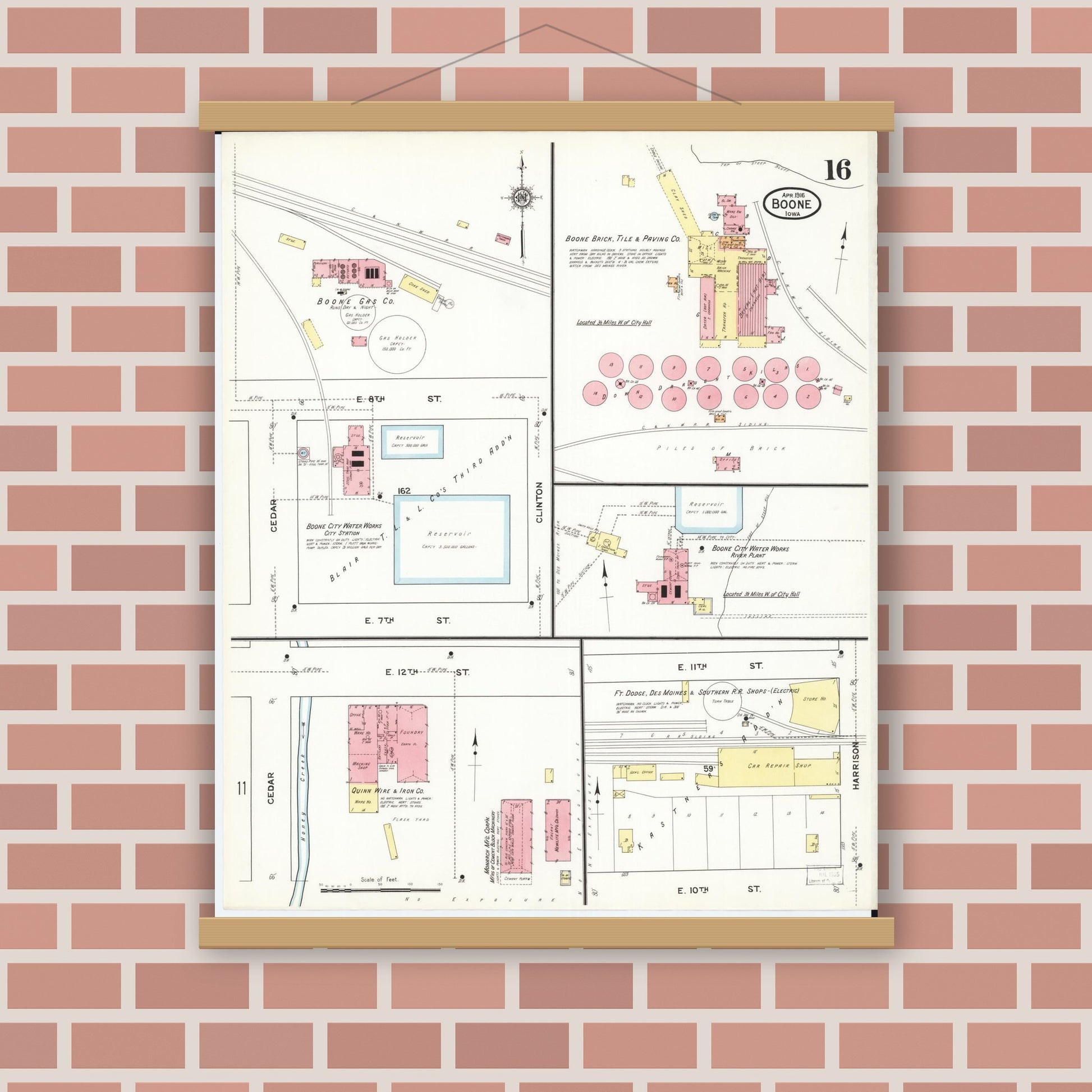 Old map wall art mockup — magnetic wood frame on brick wall — Sanborn Fire Insurance Map from Boone, Boone County, Iowa (1916), Sheet #0016