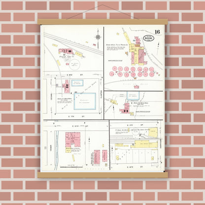 Old map wall art mockup — magnetic wood frame on brick wall — Sanborn Fire Insurance Map from Boone, Boone County, Iowa (1916), Sheet #0016