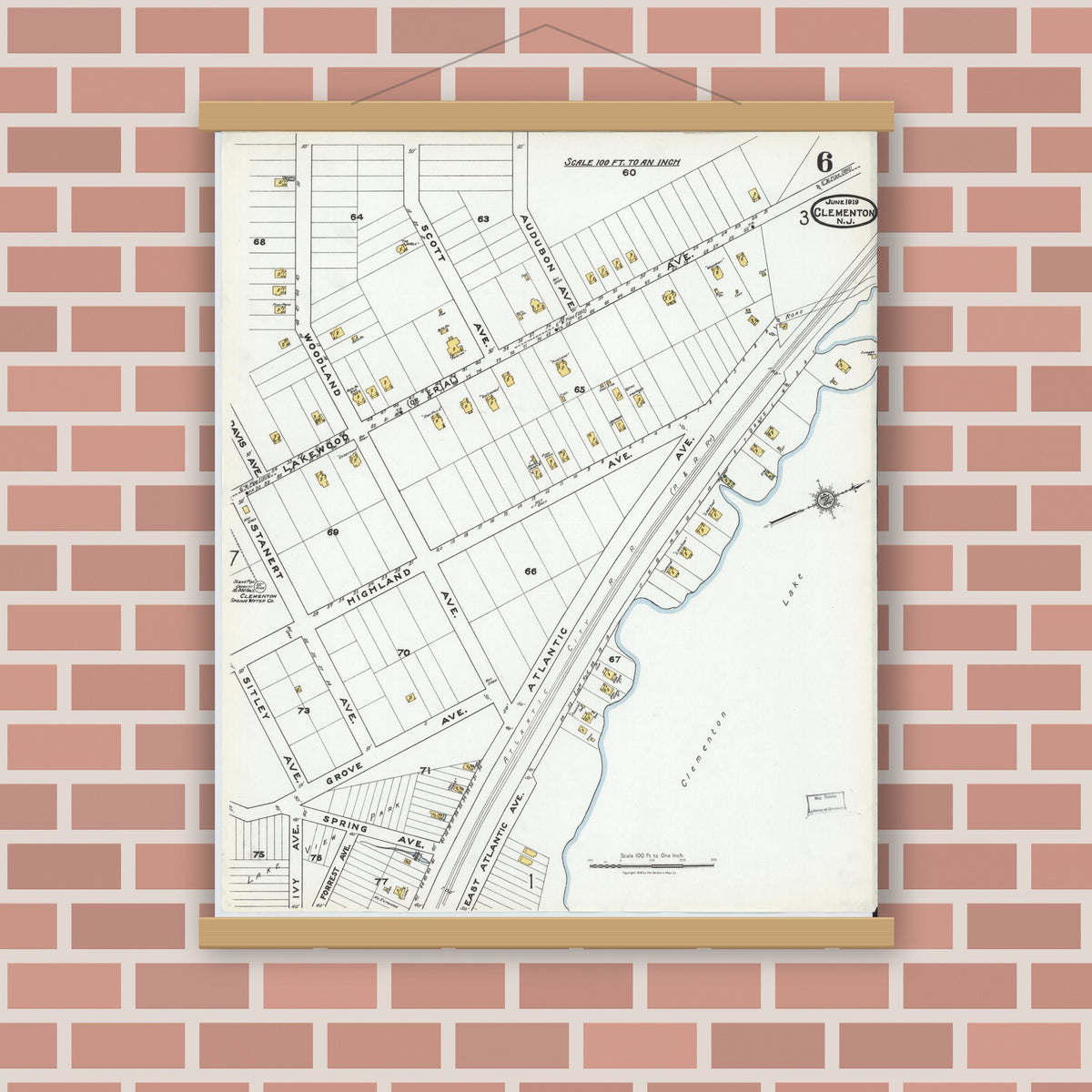 Old map wall art mockup — magnetic wood frame on brick wall — Sanborn Fire Insurance Map from Clementon, Camden County, New Jersey (1919), Sheet #0006