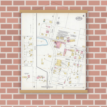Old map wall art mockup — magnetic wood frame on brick wall — Sanborn Fire Insurance Map from Waterloo, Monroe County, Illinois (1906), Sheet #0004