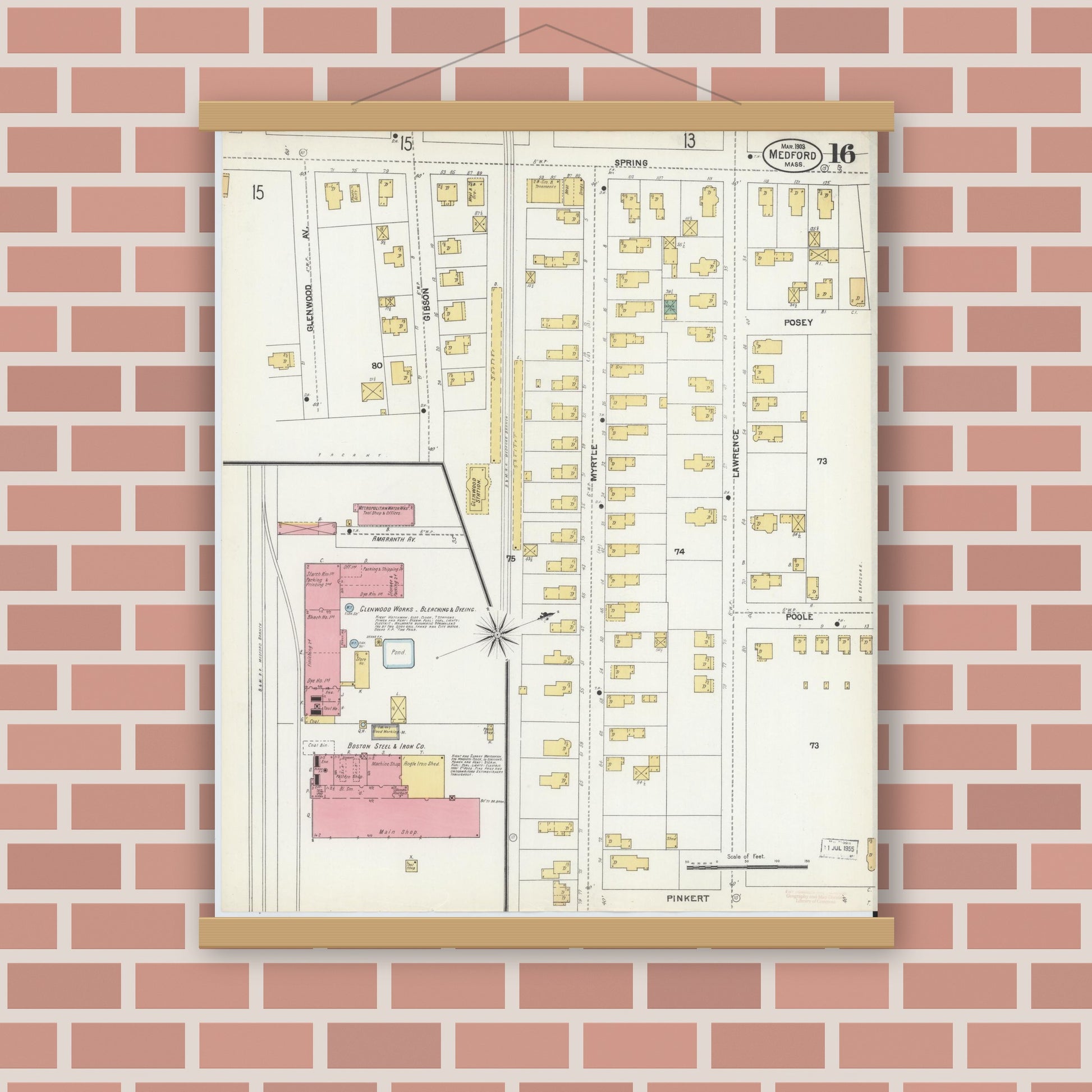Old map wall art mockup — magnetic wood frame on brick wall — Sanborn Fire Insurance Map from Medford, Middlesex County, Massachusetts (1903), Sheet #0016