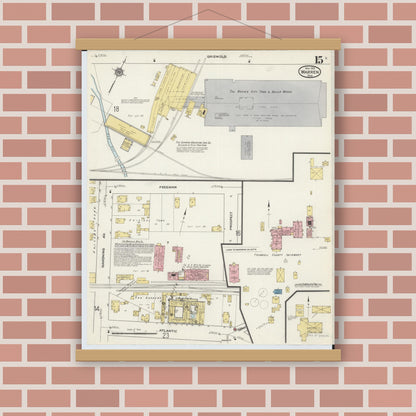 Old map wall art mockup — magnetic wood frame on brick wall — Sanborn Fire Insurance Map from Warren, Trumbull County, Ohio (1915), Sheet #0015