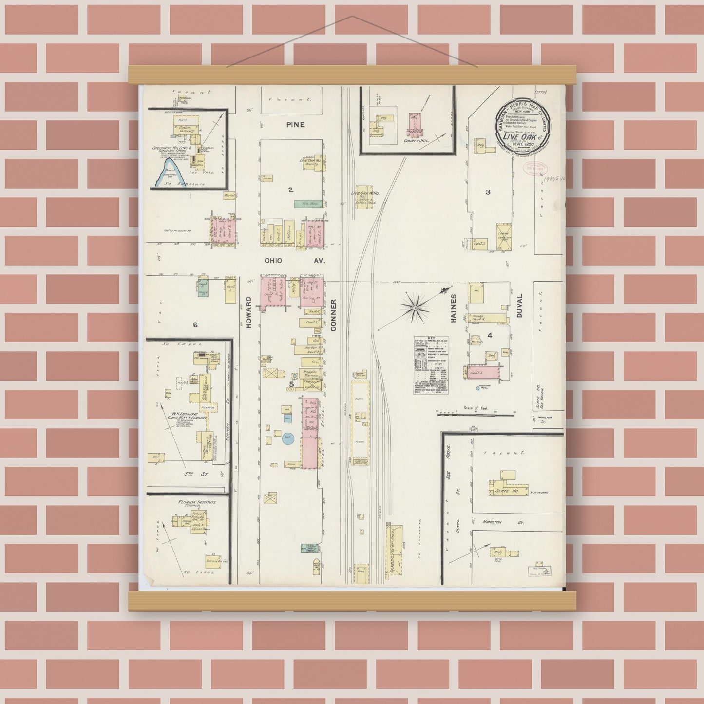 Old map wall art mockup — magnetic wood frame on brick wall — Sanborn Fire Insurance Map from Live Oak, Suwanee County, Florida (1890), Sheet #0001