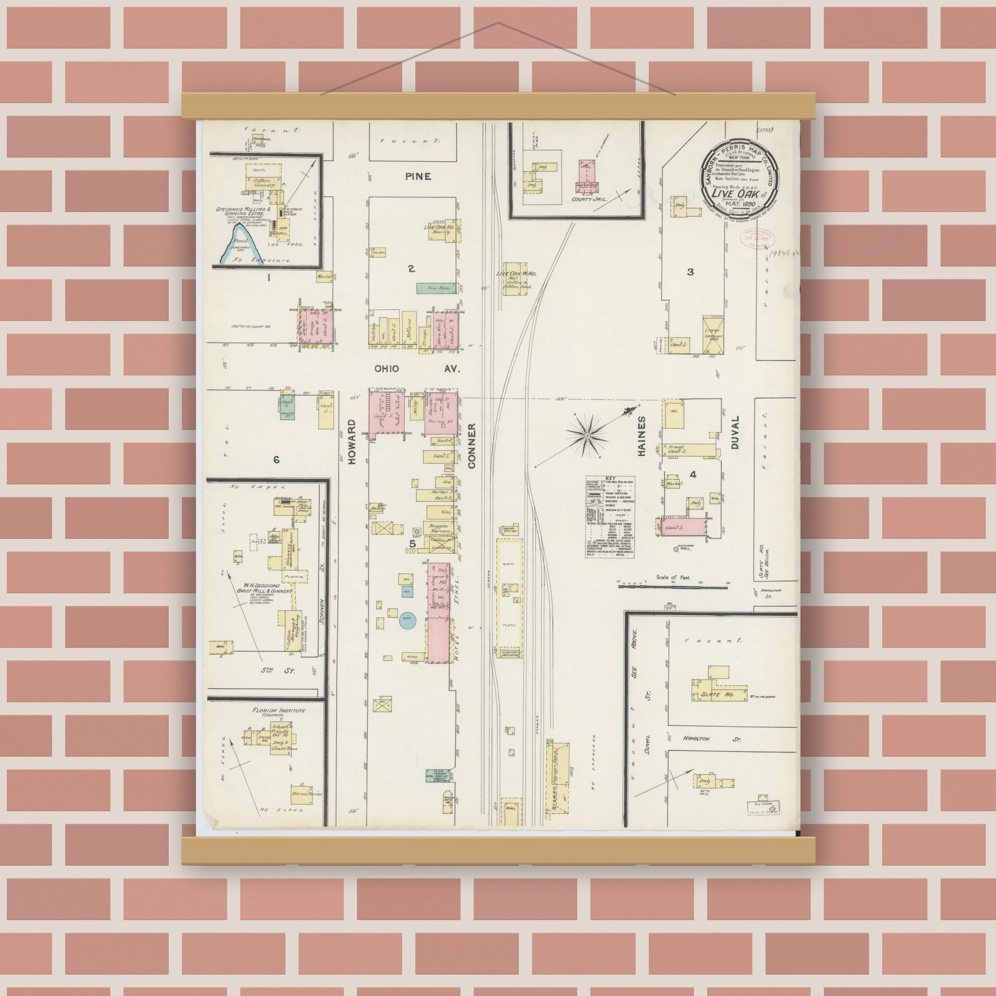 Old map wall art mockup — magnetic wood frame on brick wall — Sanborn Fire Insurance Map from Live Oak, Suwanee County, Florida (1890), Sheet #0001