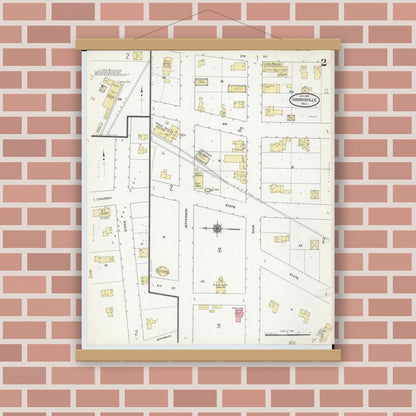 Old map wall art mockup — magnetic wood frame on brick wall — Sanborn Fire Insurance Map from Harrisville, Alcona County, Michigan (1910), Sheet #0002