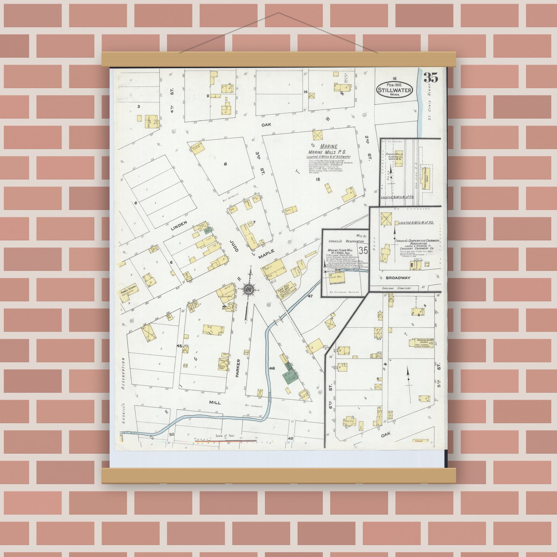 Old map wall art mockup — magnetic wood frame on brick wall — Sanborn Fire Insurance Map from Stillwater, Washington County, Minnesota (1910), Sheet #0035