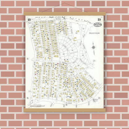 Old map wall art mockup — magnetic wood frame on brick wall — Sanborn Fire Insurance Map from Watertown, Middlesex County, Massachusetts (1923), Sheet #0019