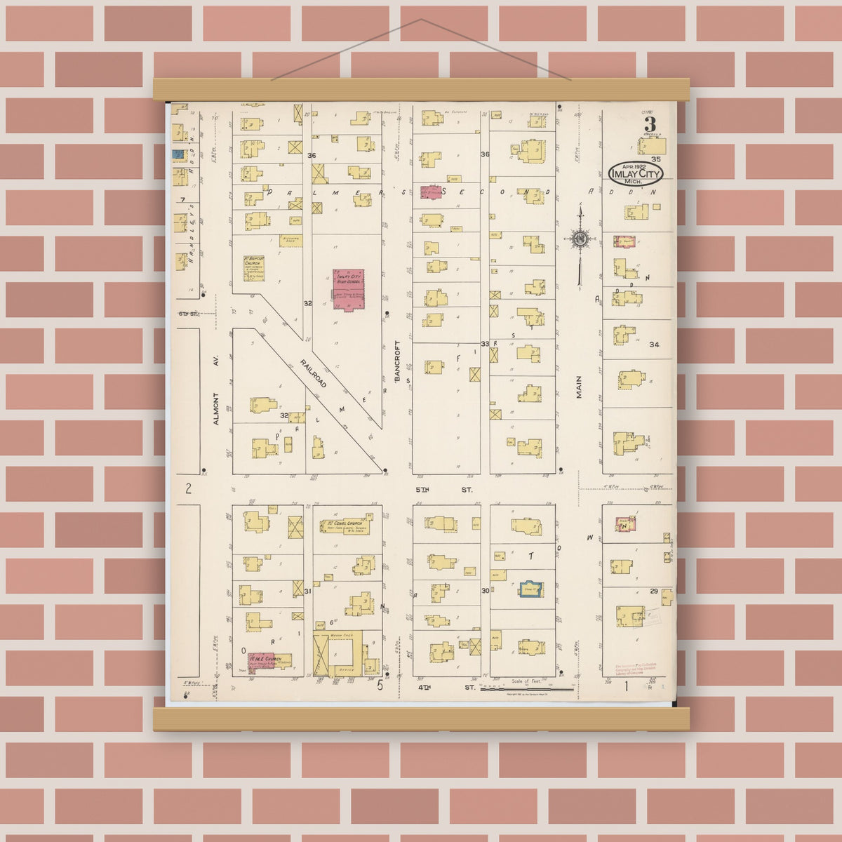 Old map wall art mockup — magnetic wood frame on brick wall — Sanborn Fire Insurance Map from Imlay City, Lapeer County, Michigan (1922), Sheet #0003