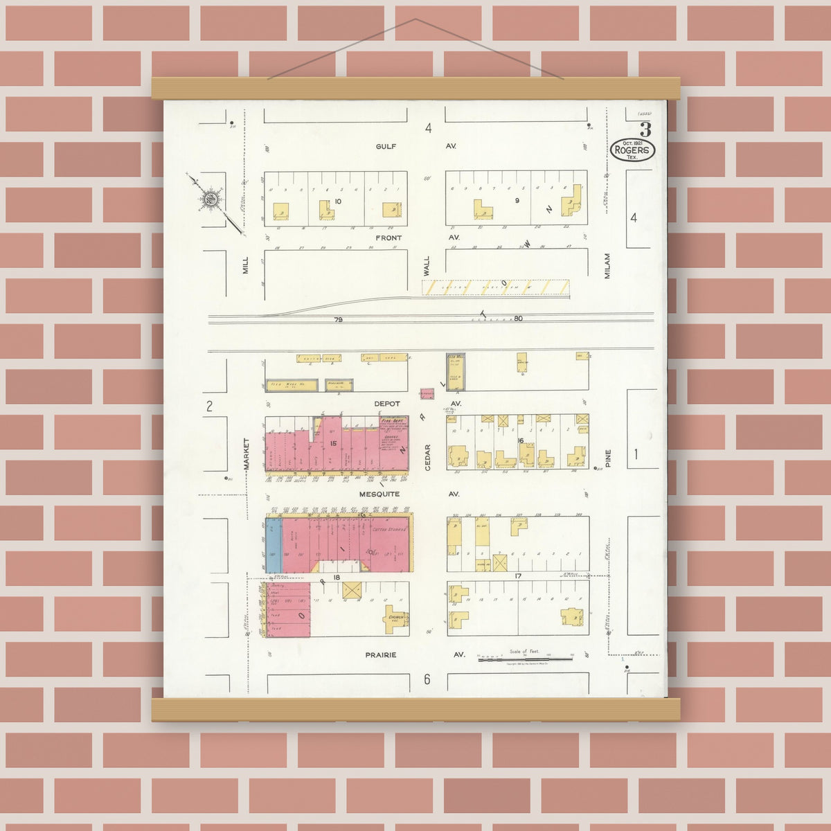 Old map wall art mockup — magnetic wood frame on brick wall — Sanborn Fire Insurance Map from Rogers, Bell County, Texas (1921), Sheet #0003