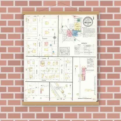 Old map wall art mockup — magnetic wood frame on brick wall — Sanborn Fire Insurance Map from Malvern, Mills County, Iowa (1914) â€” Complete Set