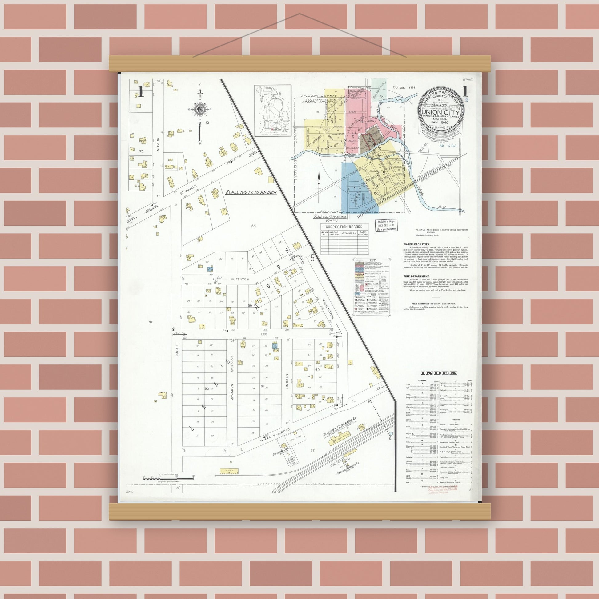 Old map wall art mockup — magnetic wood frame on brick wall — Sanborn Fire Insurance Map from Union City, Branch And Calhoun Counties, Michigan (1940), Sheet #0001