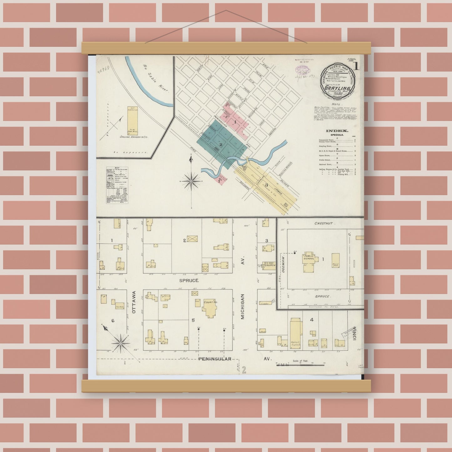 Old map wall art mockup — magnetic wood frame on brick wall — Sanborn Fire Insurance Map from Grayling, Crawford County, Michigan (1893) - Complete Map Set