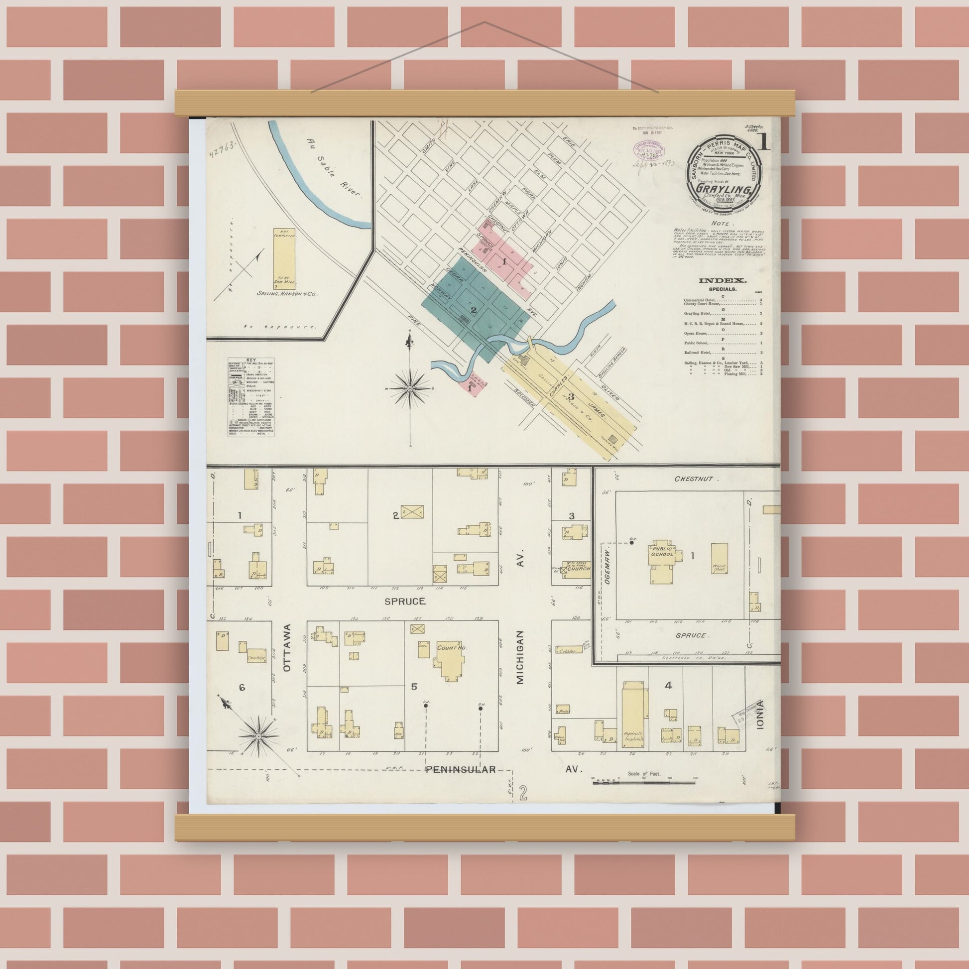 Old map wall art mockup — magnetic wood frame on brick wall — Sanborn Fire Insurance Map from Grayling, Crawford County, Michigan (1893) - Complete Map Set