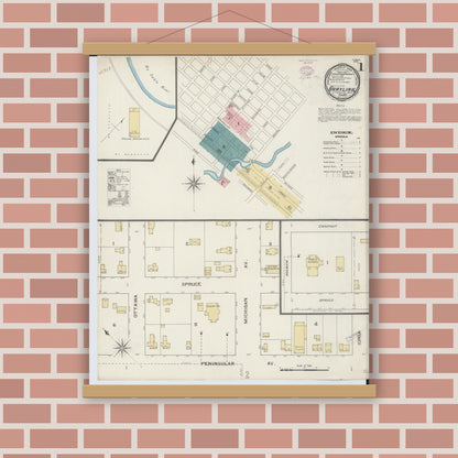 Old map wall art mockup — magnetic wood frame on brick wall — Sanborn Fire Insurance Map from Grayling, Crawford County, Michigan (1893) - Complete Map Set