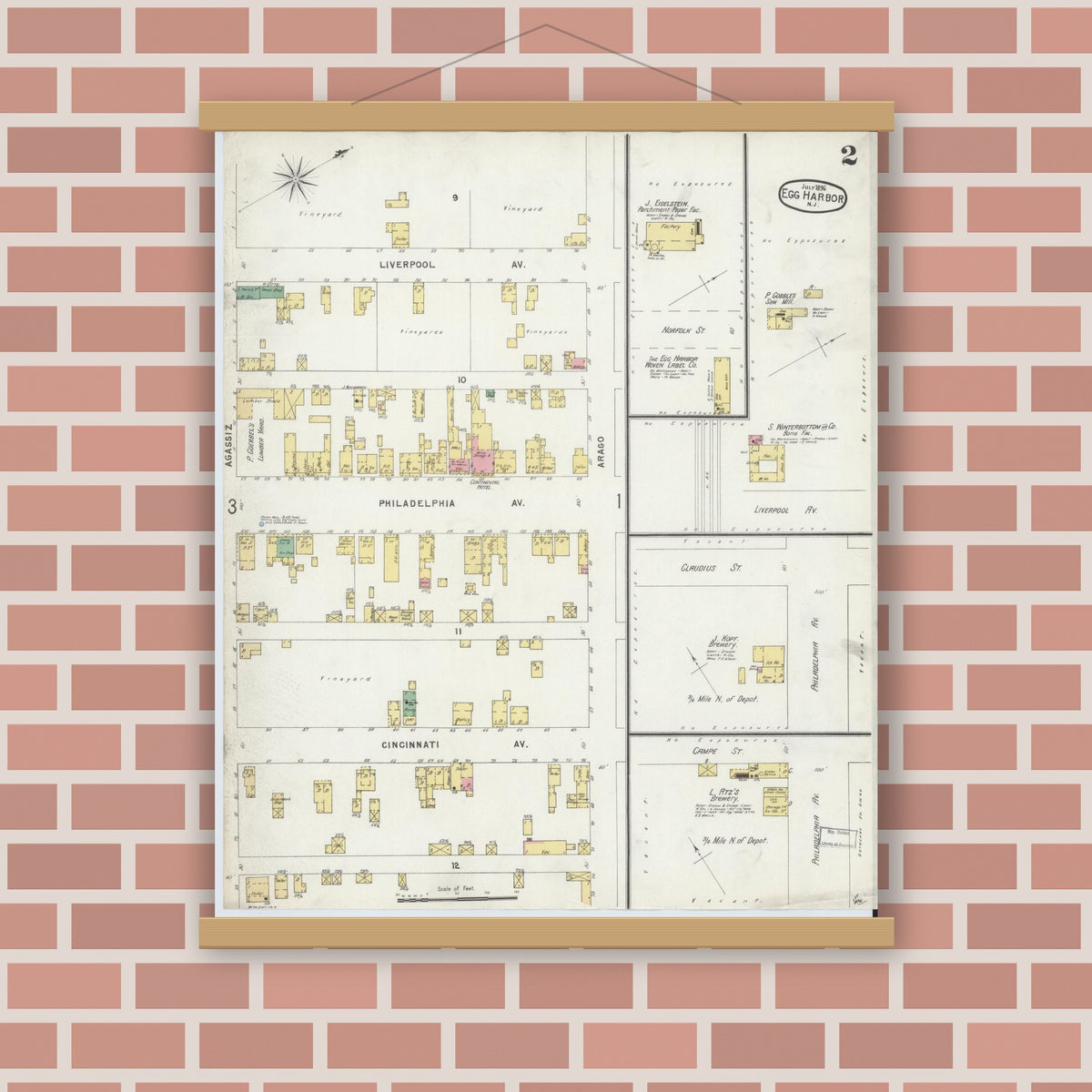 Old map wall art mockup — magnetic wood frame on brick wall — Sanborn Fire Insurance Map from Egg Harbor City, Atlantic County, New Jersey (1896), Sheet #0002