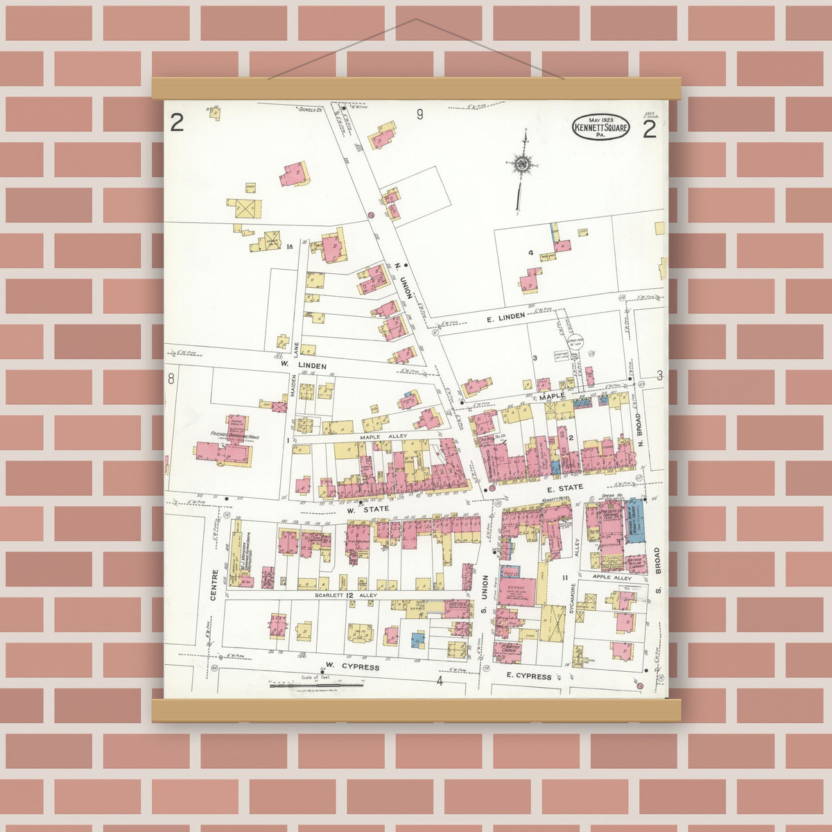 Old map wall art mockup — magnetic wood frame on brick wall — Sanborn Fire Insurance Map from Kennett Square, Chester County, Pennsylvania (1923), Sheet #0002