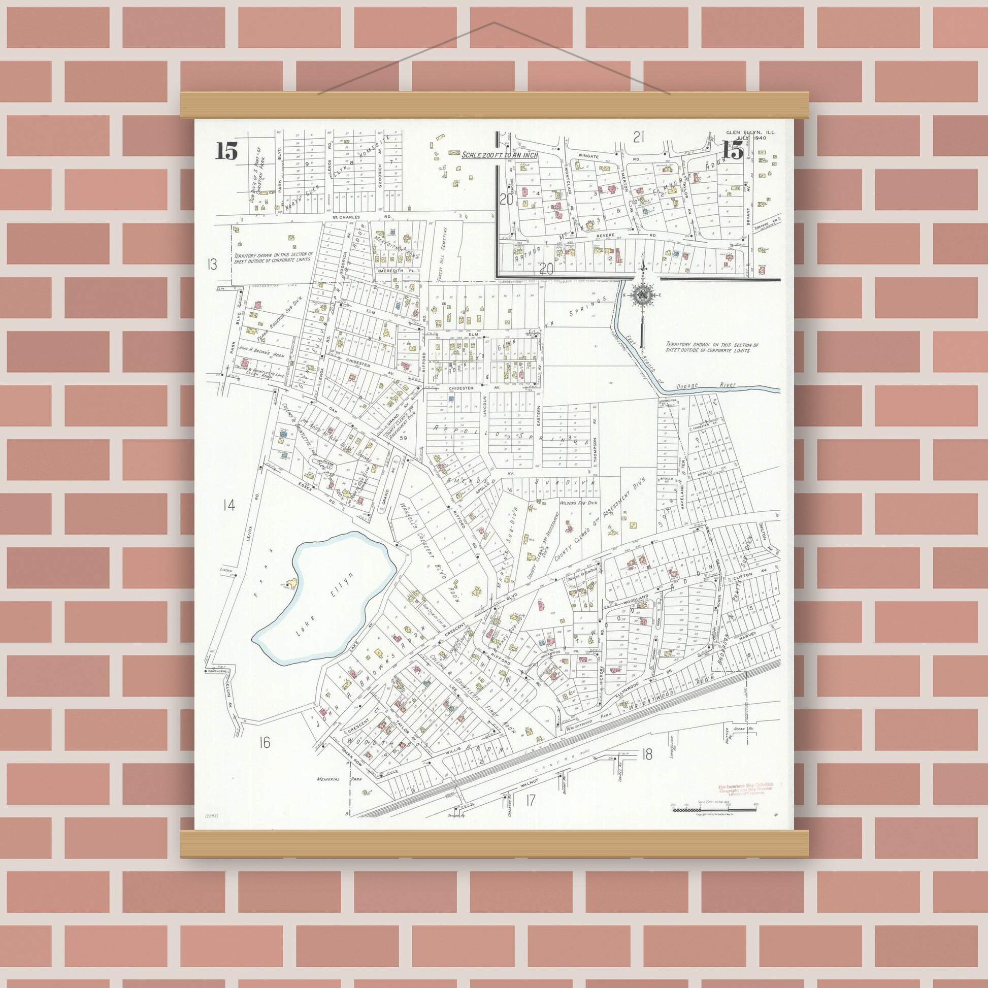 Old map wall art mockup — magnetic wood frame on brick wall — Sanborn Fire Insurance Map from Glen Ellyn, Du Page County, Illinois (1940), Sheet #0015