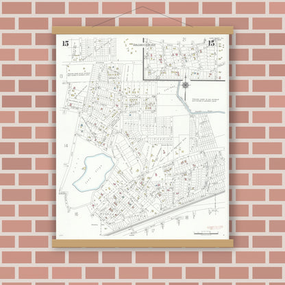 Old map wall art mockup — magnetic wood frame on brick wall — Sanborn Fire Insurance Map from Glen Ellyn, Du Page County, Illinois (1940), Sheet #0015