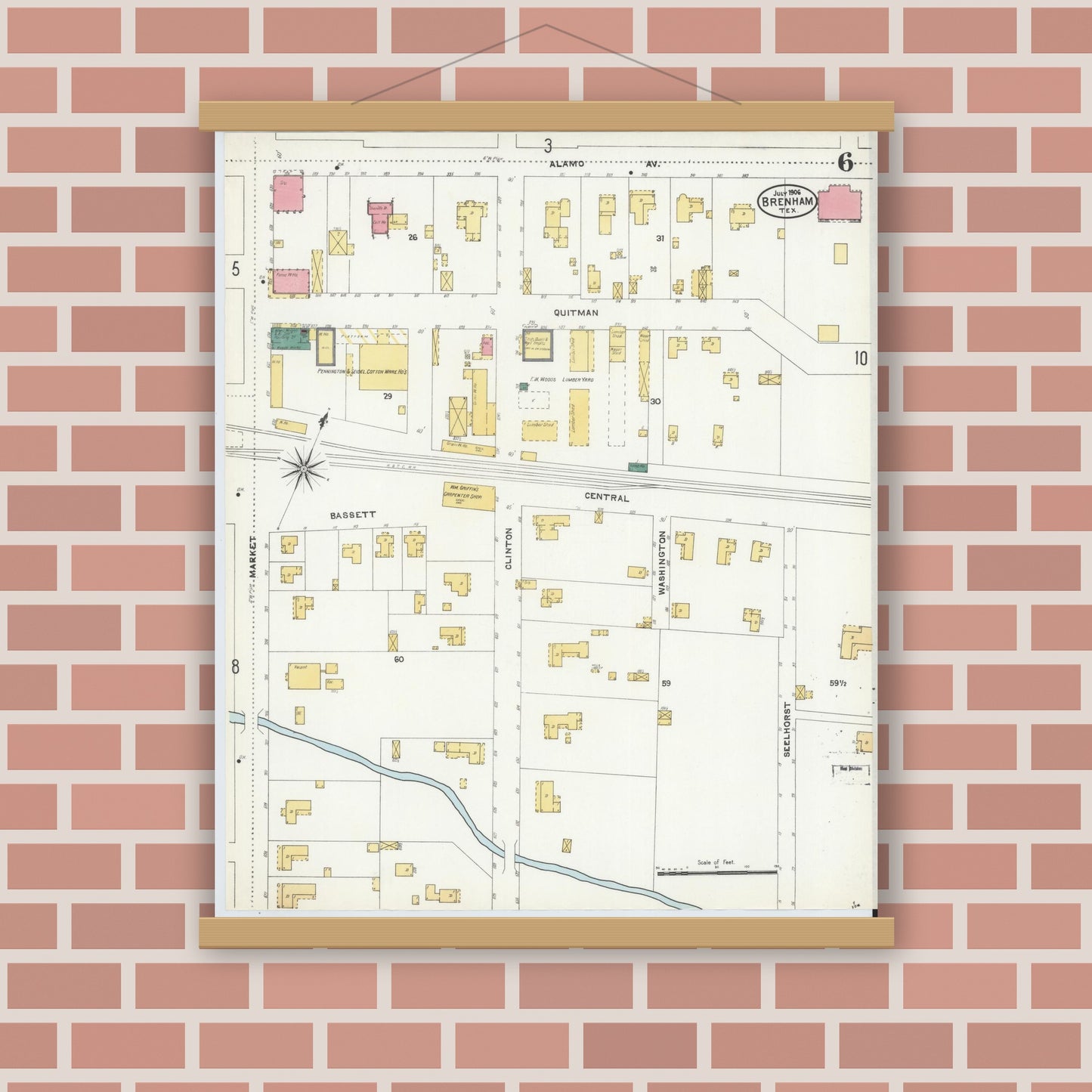 Old map wall art mockup — magnetic wood frame on brick wall — Sanborn Fire Insurance Map from Brenham, Washington County, Texas (1906), Sheet #0006