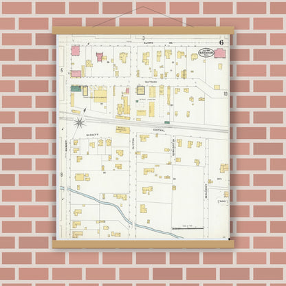 Old map wall art mockup — magnetic wood frame on brick wall — Sanborn Fire Insurance Map from Brenham, Washington County, Texas (1906), Sheet #0006