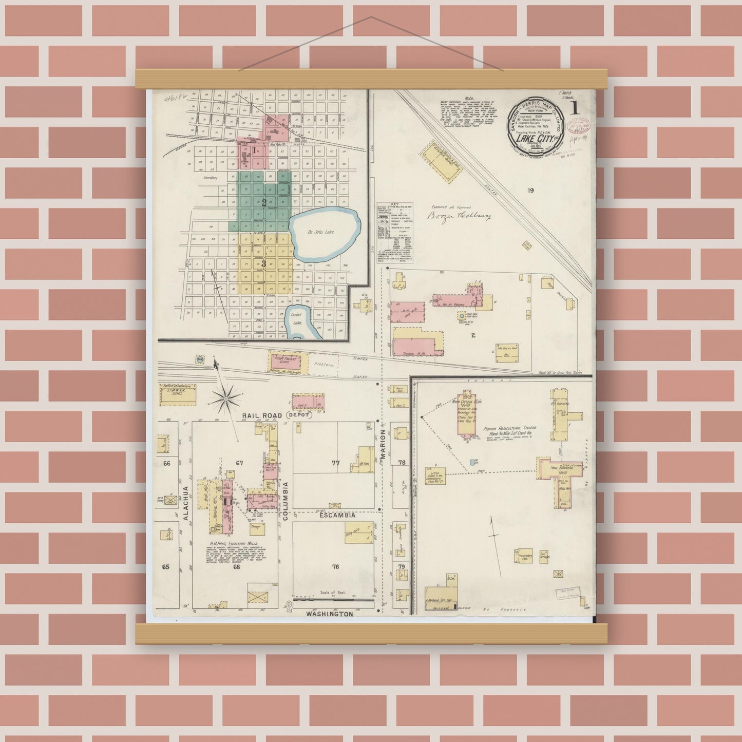 Old map wall art mockup — magnetic wood frame on brick wall — Sanborn Fire Insurance Map from Lake City, Columbia County, Florida (1895), Sheet #0001