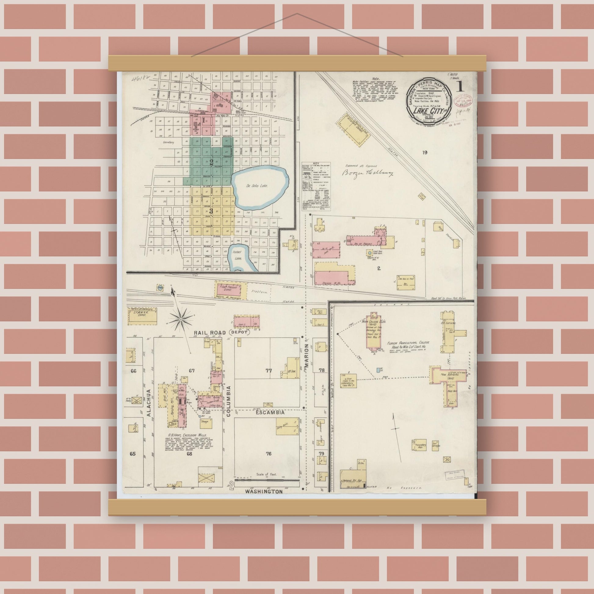 Old map wall art mockup — magnetic wood frame on brick wall — Sanborn Fire Insurance Map from Lake City, Columbia County, Florida (1895), Sheet #0001