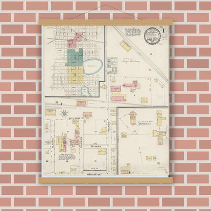 Old map wall art mockup — magnetic wood frame on brick wall — Sanborn Fire Insurance Map from Lake City, Columbia County, Florida (1895), Sheet #0001