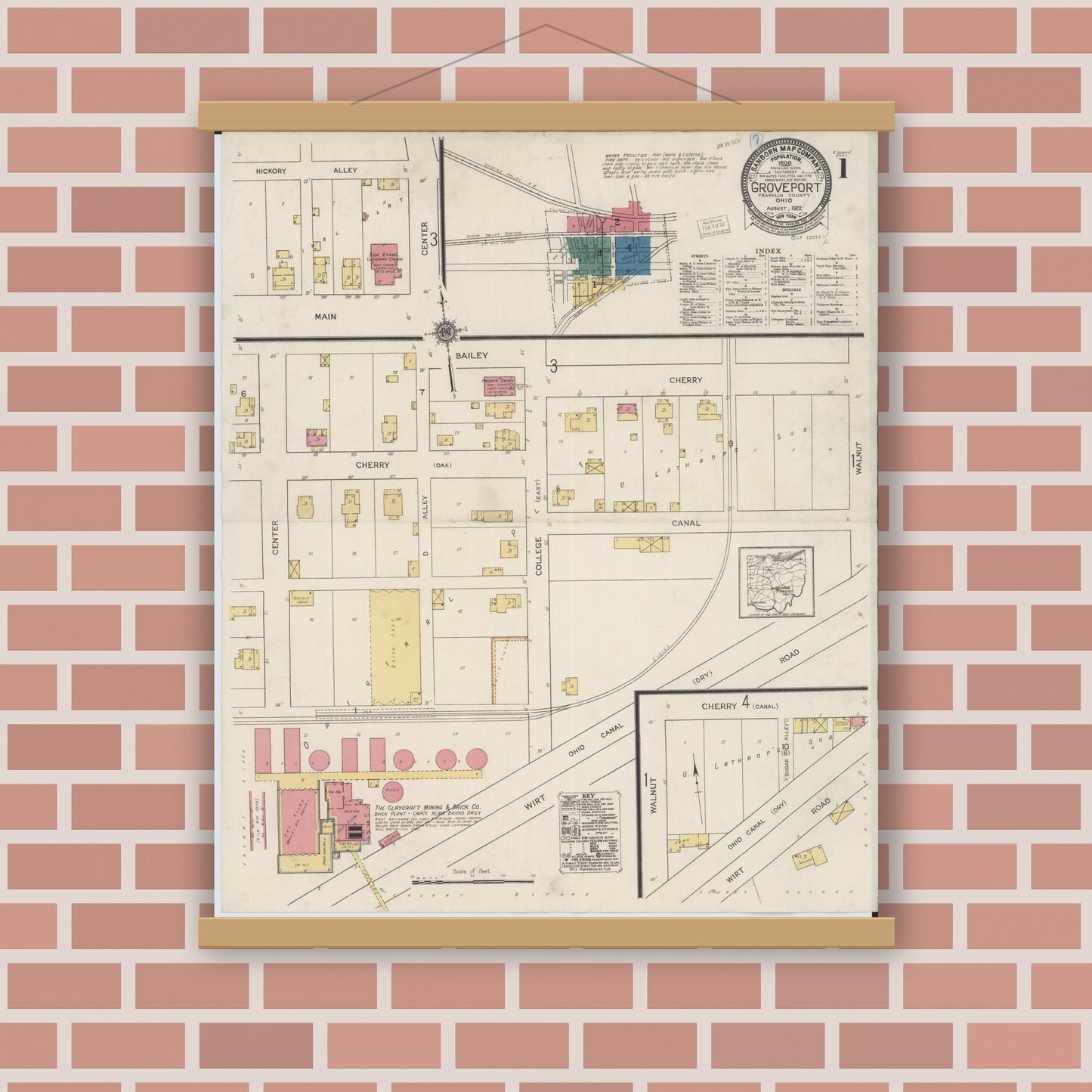 Old map wall art mockup — magnetic wood frame on brick wall — Sanborn Fire Insurance Map from Groveport, Franklin County, Ohio (1922) - Complete Map Set