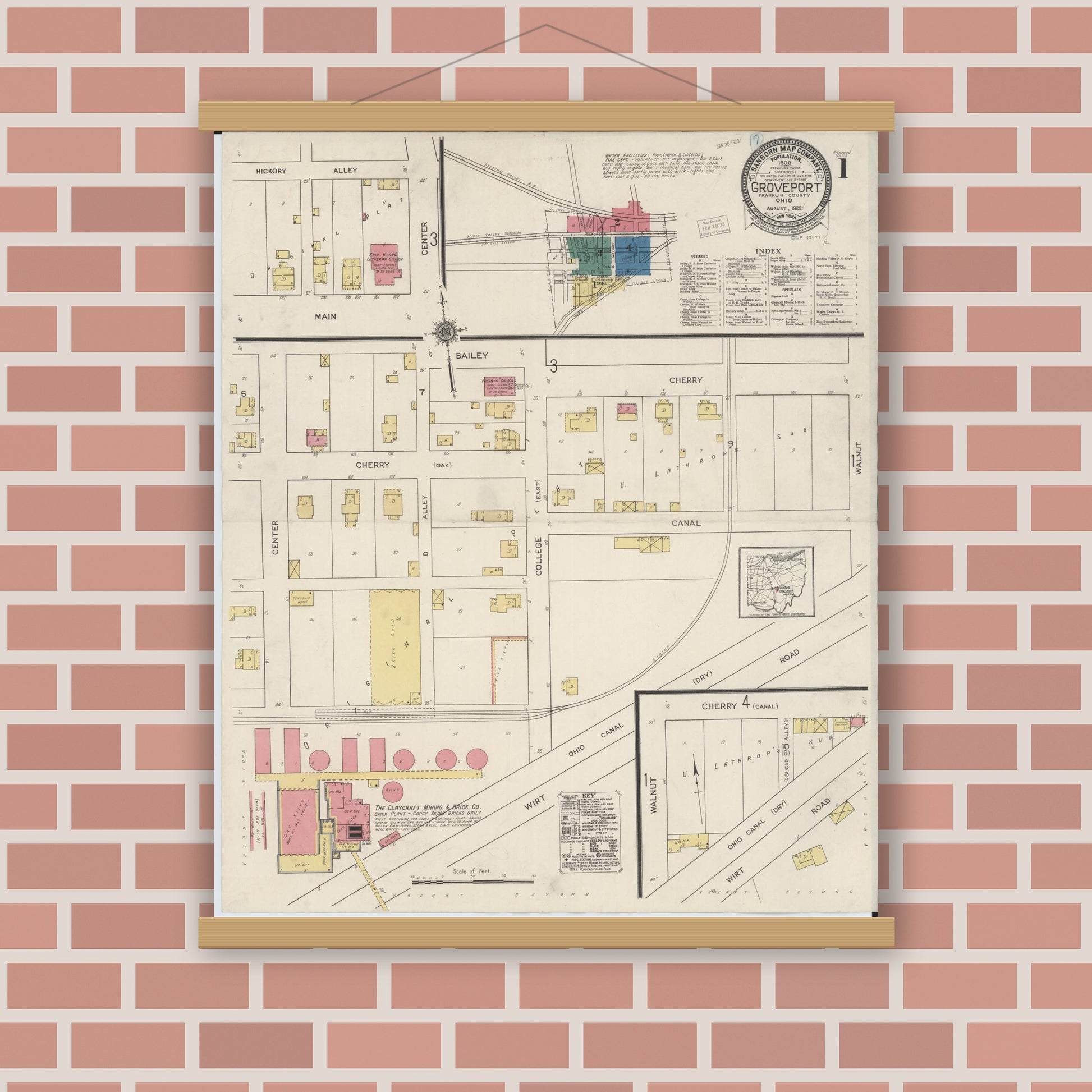 Old map wall art mockup — magnetic wood frame on brick wall — Sanborn Fire Insurance Map from Groveport, Franklin County, Ohio (1922) - Complete Map Set