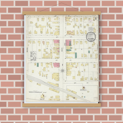 Old map wall art mockup — magnetic wood frame on brick wall — Sanborn Fire Insurance Map from Clare, Clare County, Michigan (1893) - Complete Map Set