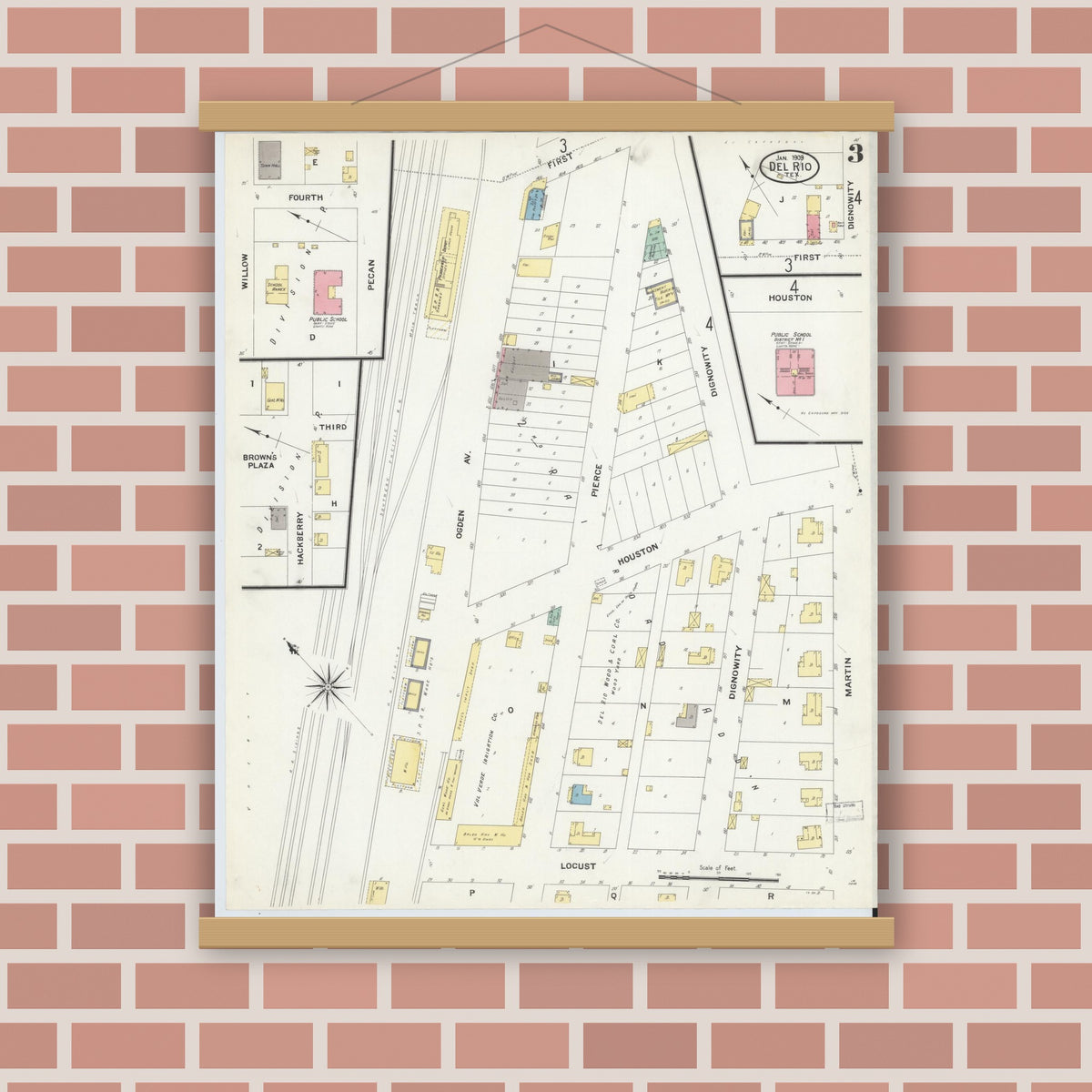 Old map wall art mockup — magnetic wood frame on brick wall — Sanborn Fire Insurance Map from Del Rio, Val Verde County, Texas (1909), Sheet #0003