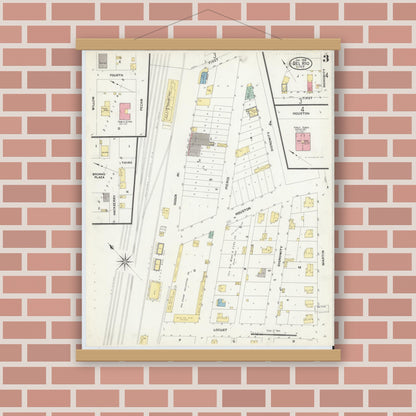 Old map wall art mockup — magnetic wood frame on brick wall — Sanborn Fire Insurance Map from Del Rio, Val Verde County, Texas (1909), Sheet #0003