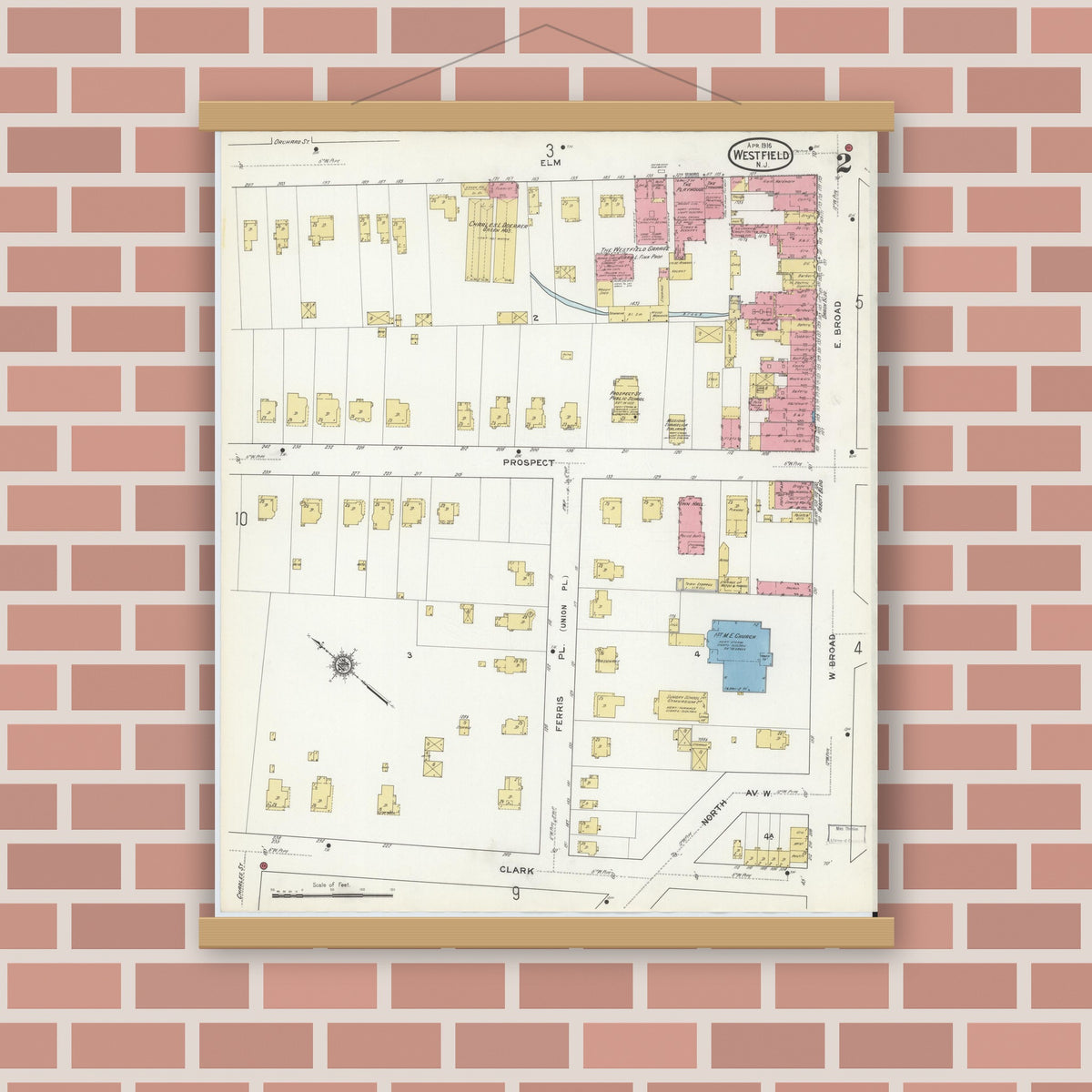 Old map wall art mockup — magnetic wood frame on brick wall — Sanborn Fire Insurance Map from Westfield, Union County, New Jersey (1916) - Complete Map Set