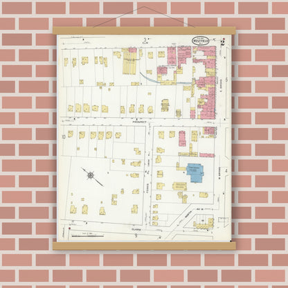 Old map wall art mockup — magnetic wood frame on brick wall — Sanborn Fire Insurance Map from Westfield, Union County, New Jersey (1916) - Complete Map Set