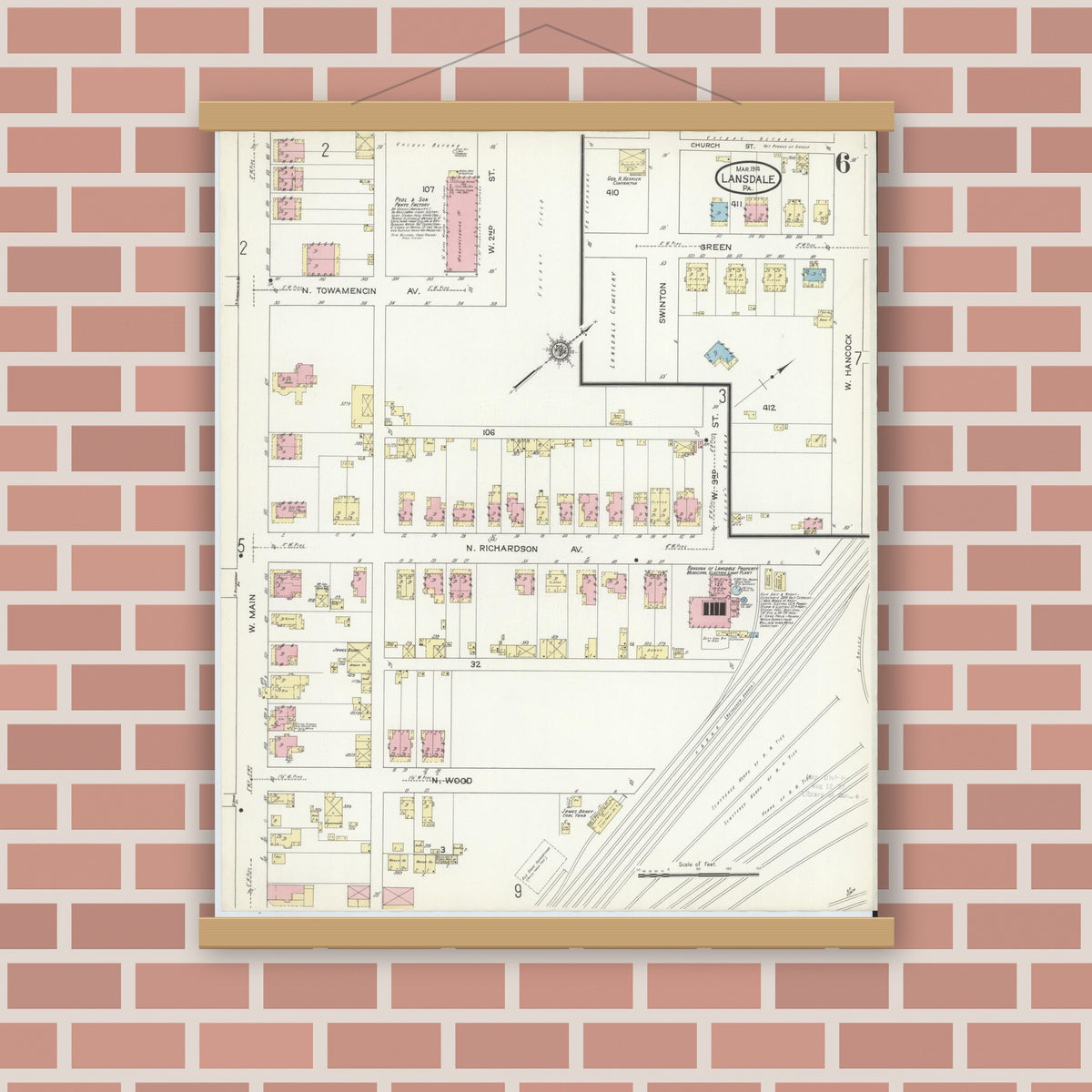Old map wall art mockup — magnetic wood frame on brick wall — Sanborn Fire Insurance Map from Lansdale, Montgomery County, Pennsylvania (1914), Sheet #0006