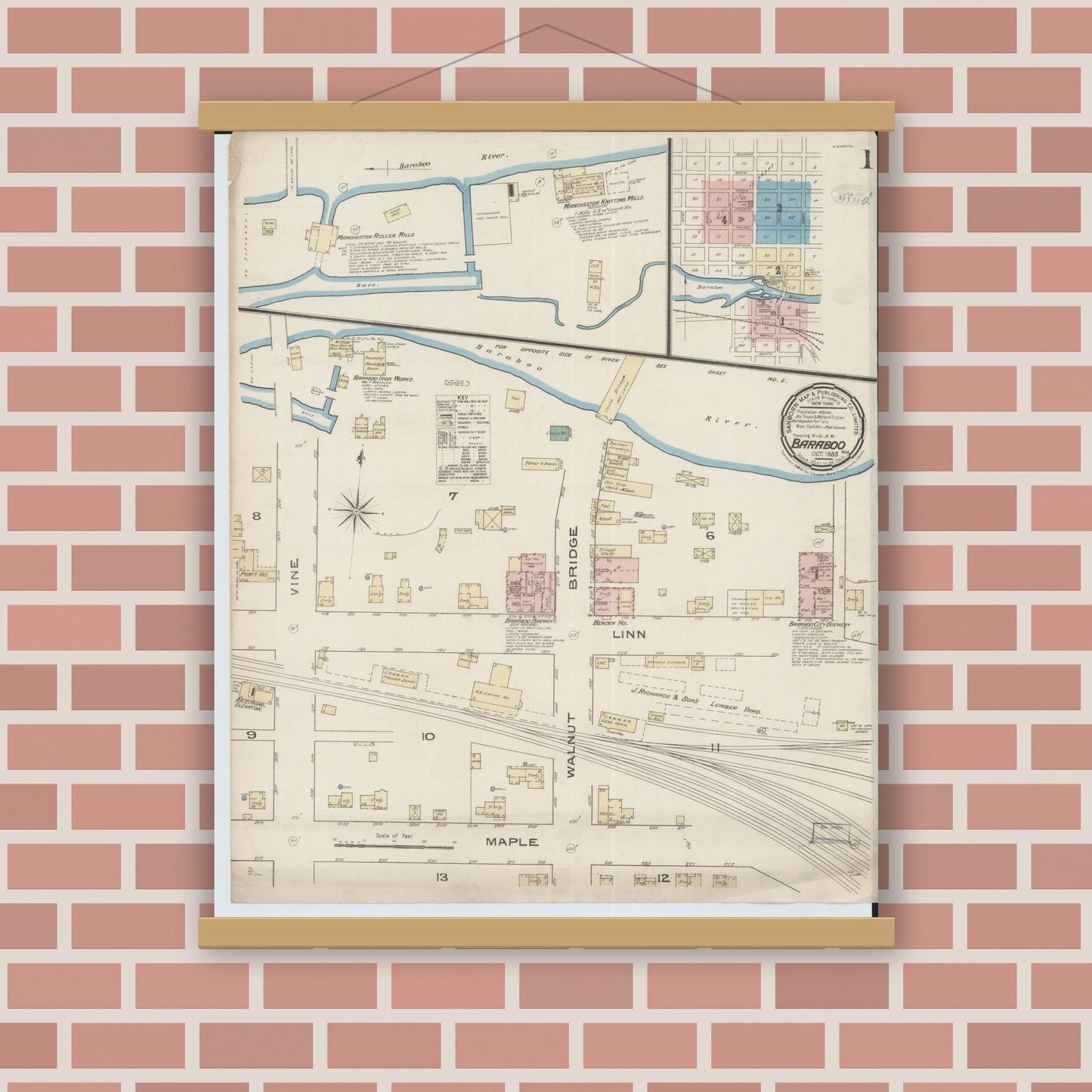 Old map wall art mockup — magnetic wood frame on brick wall — Sanborn Fire Insurance Map from Baraboo, Sauk County, Wisconsin (1885), Sheet #0001