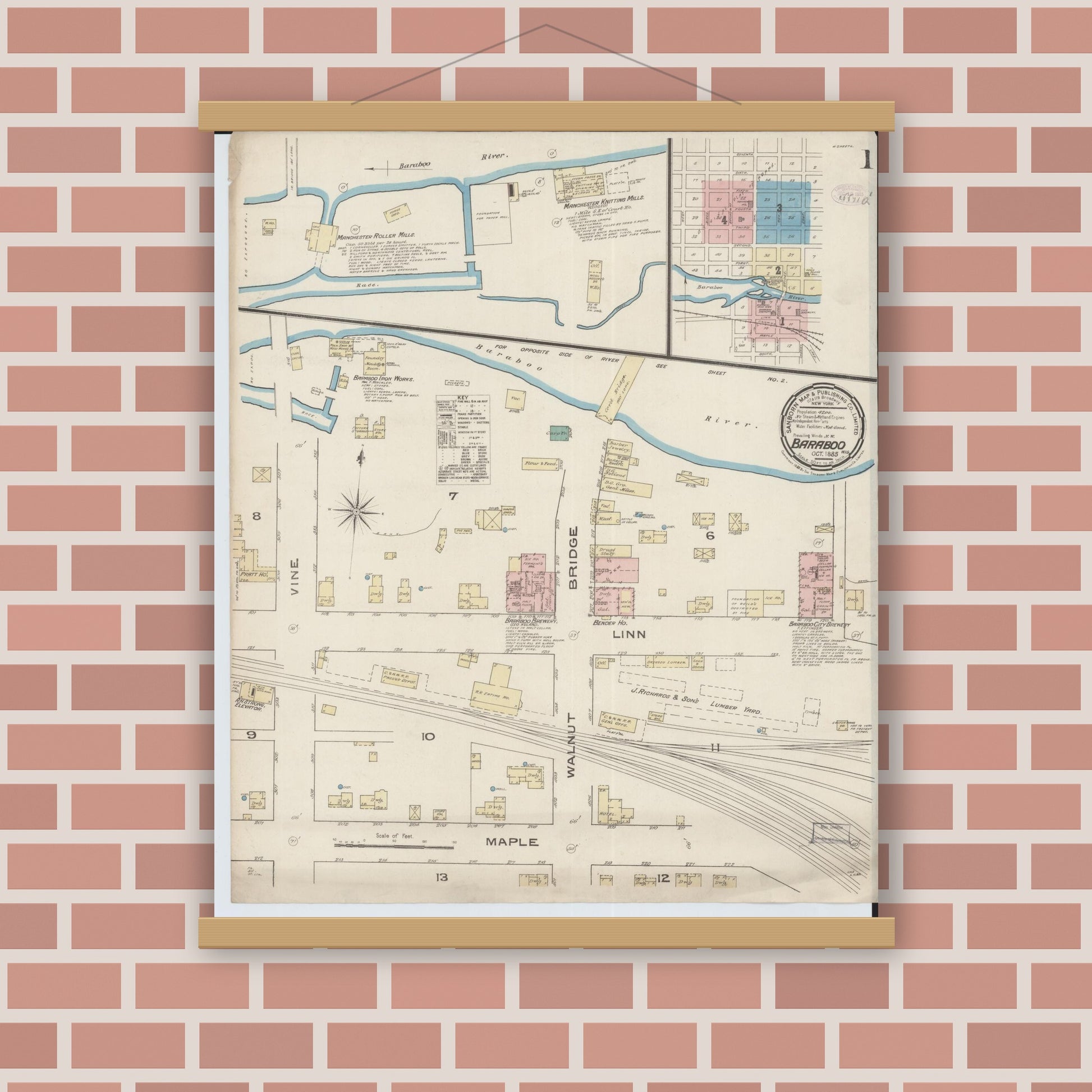 Old map wall art mockup — magnetic wood frame on brick wall — Sanborn Fire Insurance Map from Baraboo, Sauk County, Wisconsin (1885), Sheet #0001