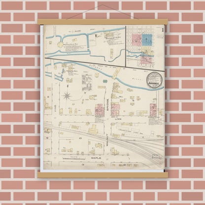 Old map wall art mockup — magnetic wood frame on brick wall — Sanborn Fire Insurance Map from Baraboo, Sauk County, Wisconsin (1885), Sheet #0001