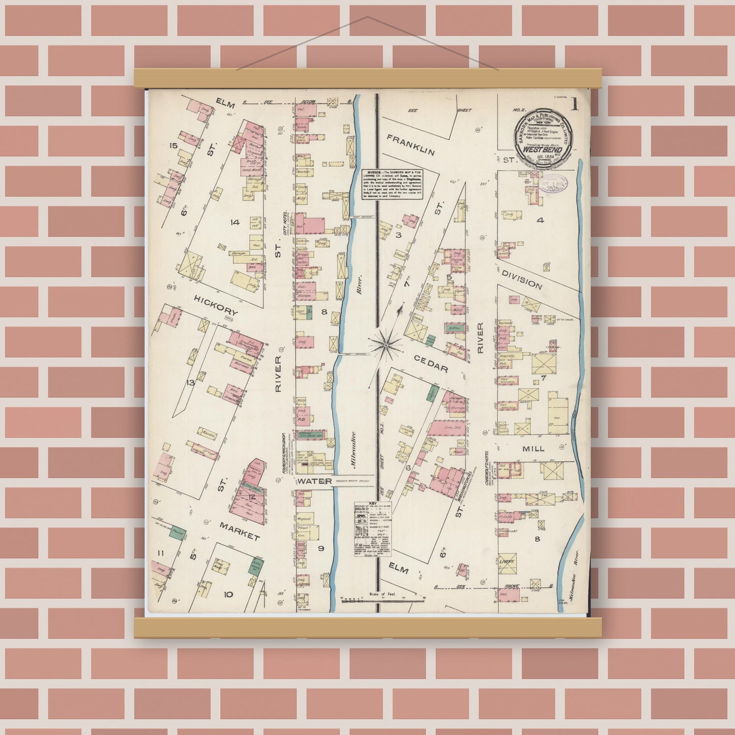 Old map wall art mockup — magnetic wood frame on brick wall — Sanborn Fire Insurance Map from West Bend, Washington County, Wisconsin (1884) - Complete Map Set