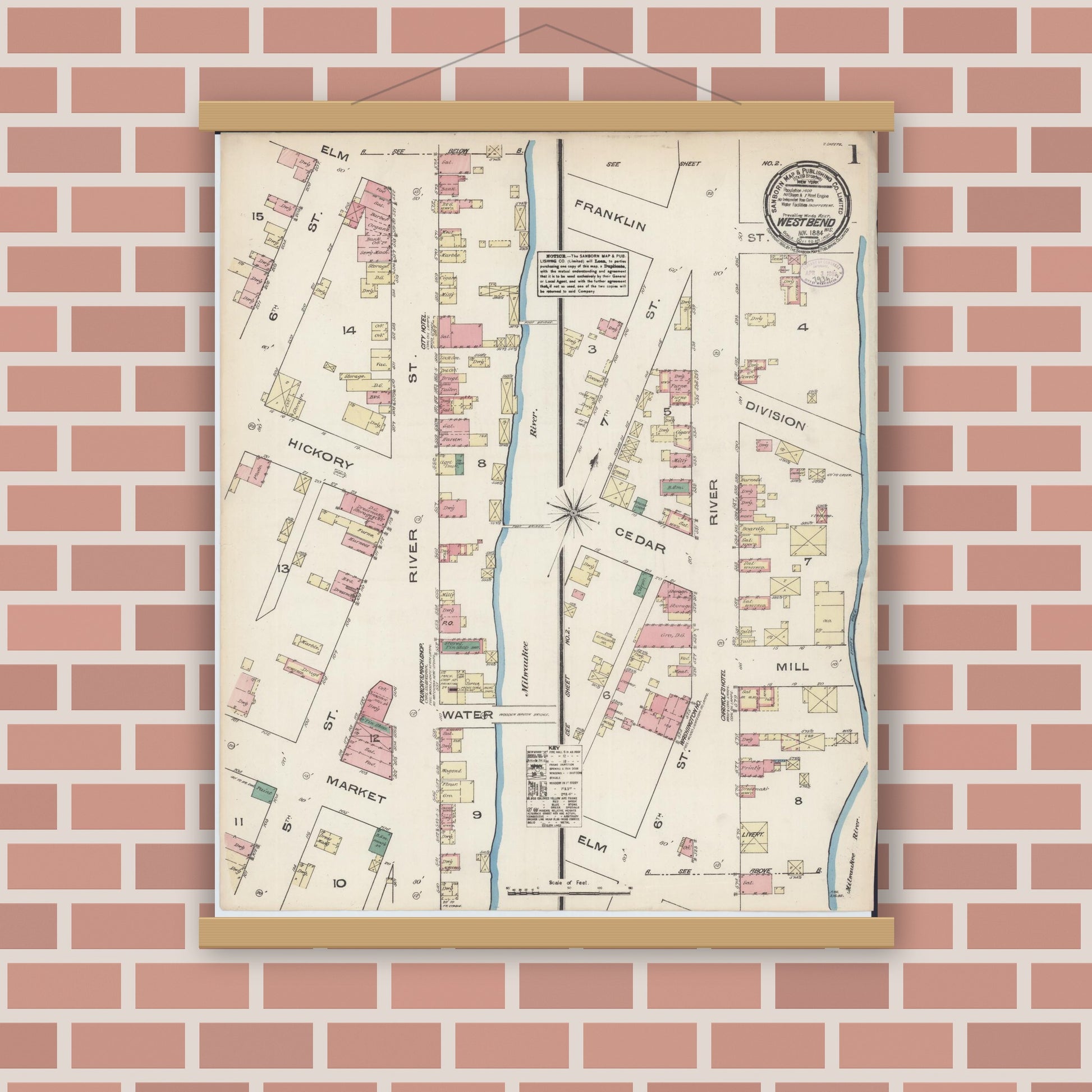 Old map wall art mockup — magnetic wood frame on brick wall — Sanborn Fire Insurance Map from West Bend, Washington County, Wisconsin (1884) - Complete Map Set